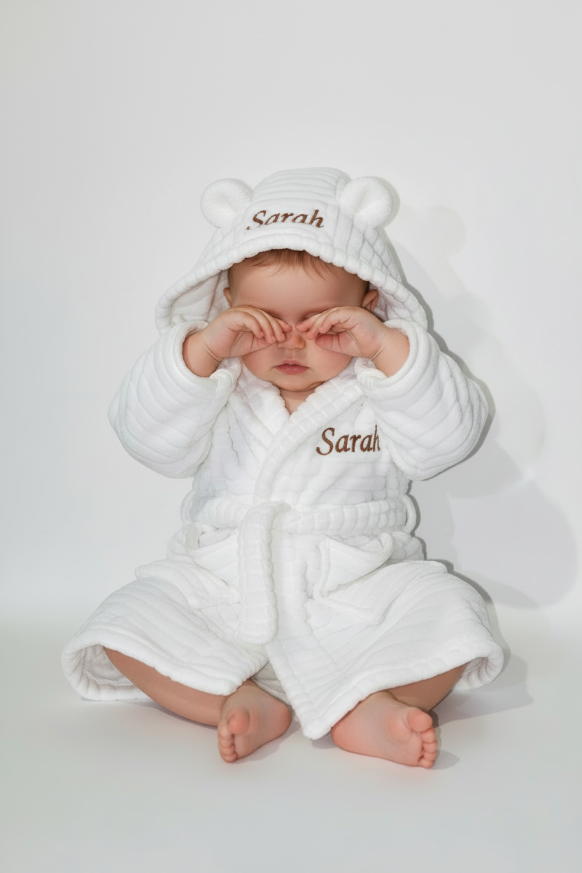 Bébé peignoir oreilles blanches Sarah broderie marron