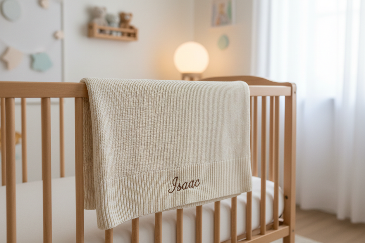Plaid Isaac maille verticale broderie au-dessus bordure